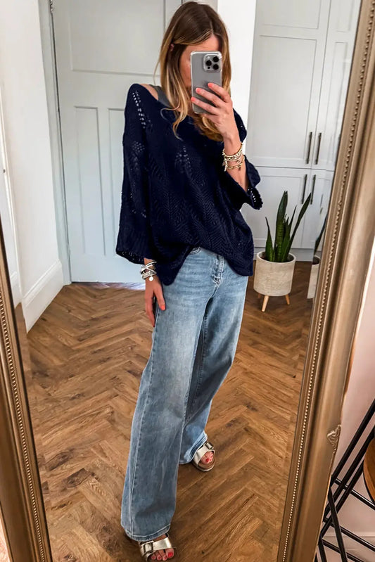 Navy Blue Hollow Out Knit 3/4 Sleeve Loose Sweater Shewin