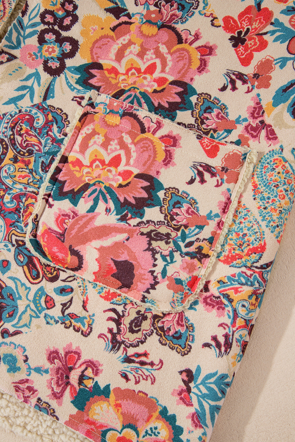 Beige Vintage Paisley Floral Printed Sherpa Lined Hooded Jacket Shewin