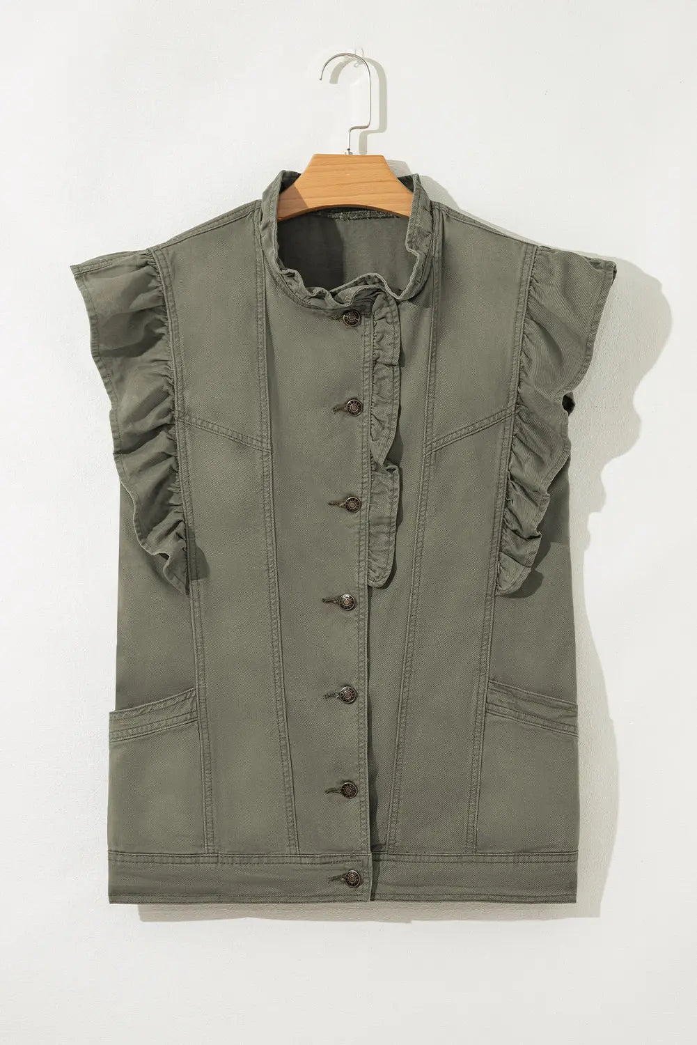 Green Bay Ruffle Plain Denim Jacket Vest Shewin