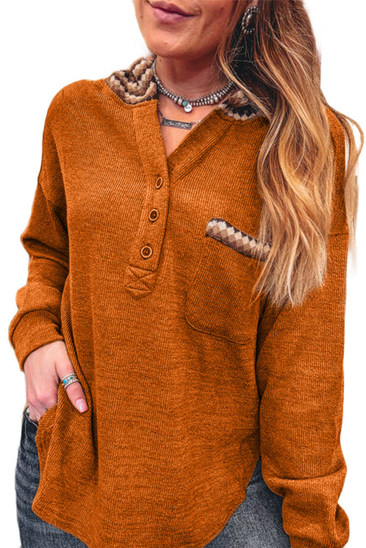 Straw Yellow Contrast Plaid Hooded Patchwork Pocket Henley Top Shewin