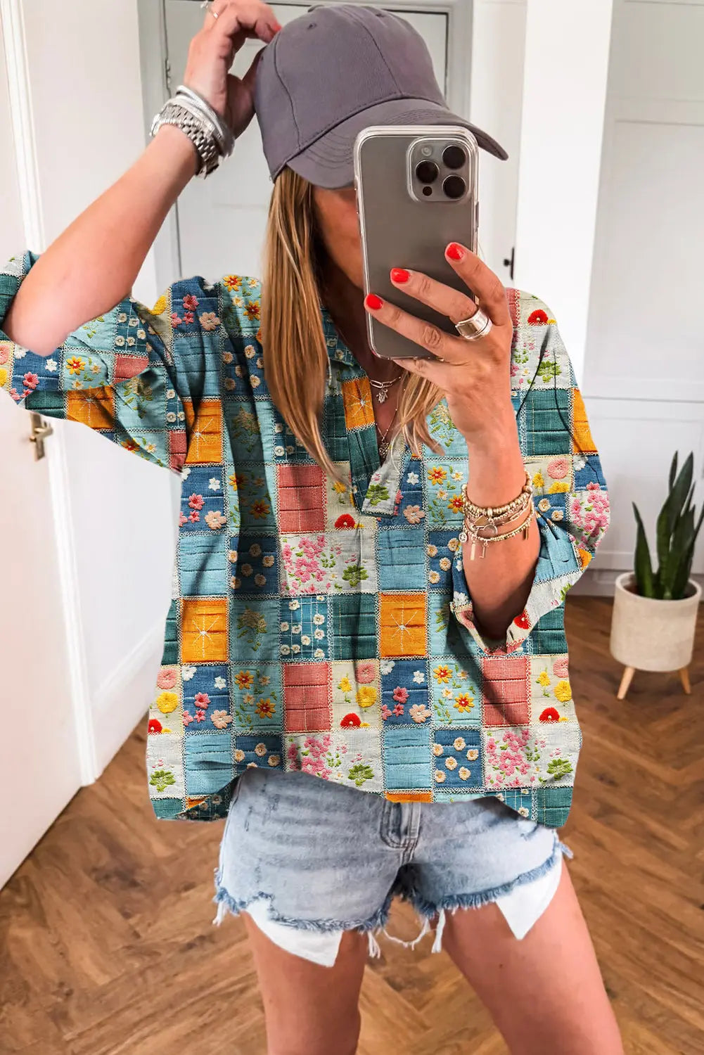 Sky Blue Floral Patchwork Collared V Neck Blouse Shewin