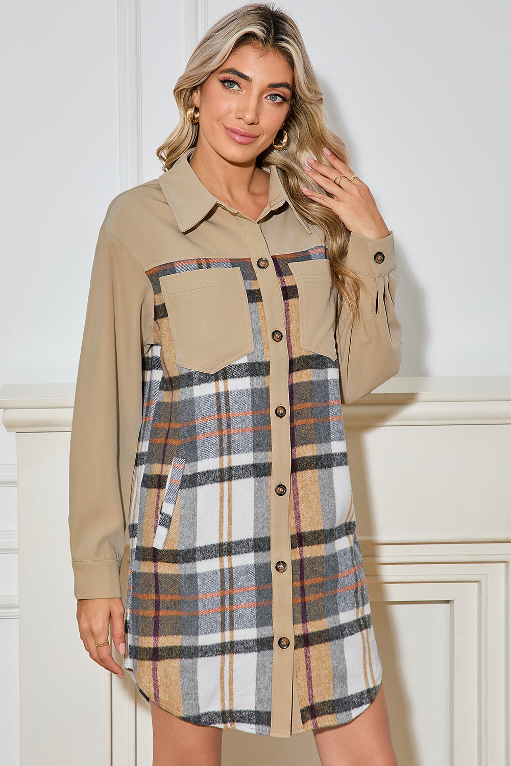 Khaki Plaid Patchwork Long Sleeve Jacket Shewin