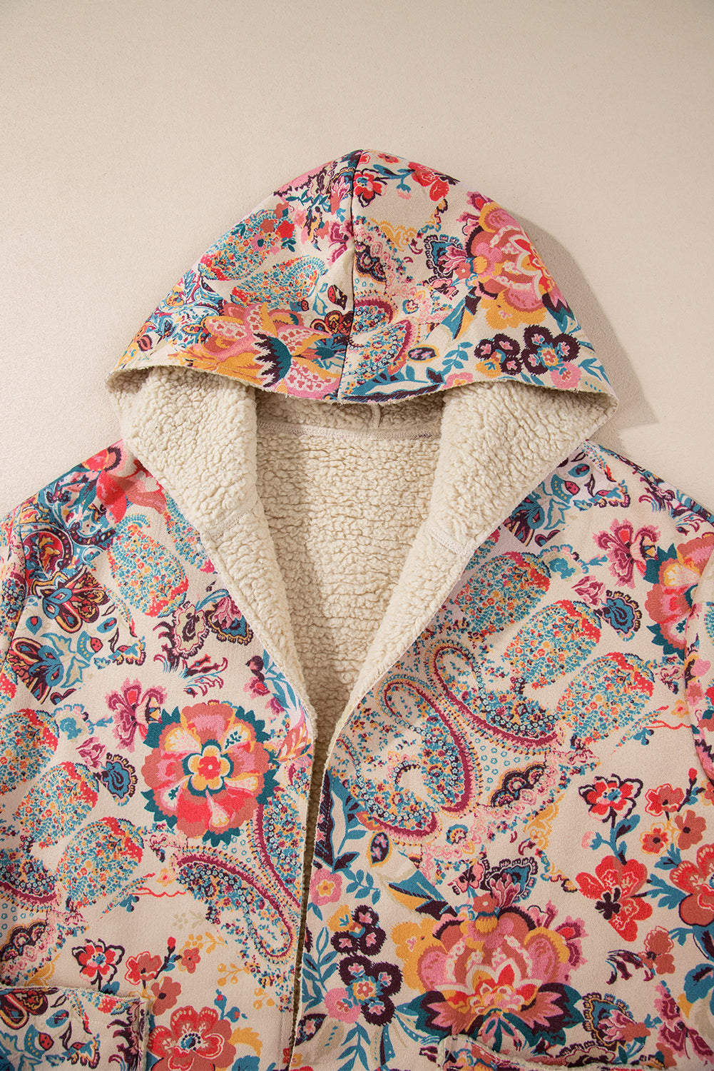Beige Vintage Paisley Floral Printed Sherpa Lined Hooded Jacket Shewin