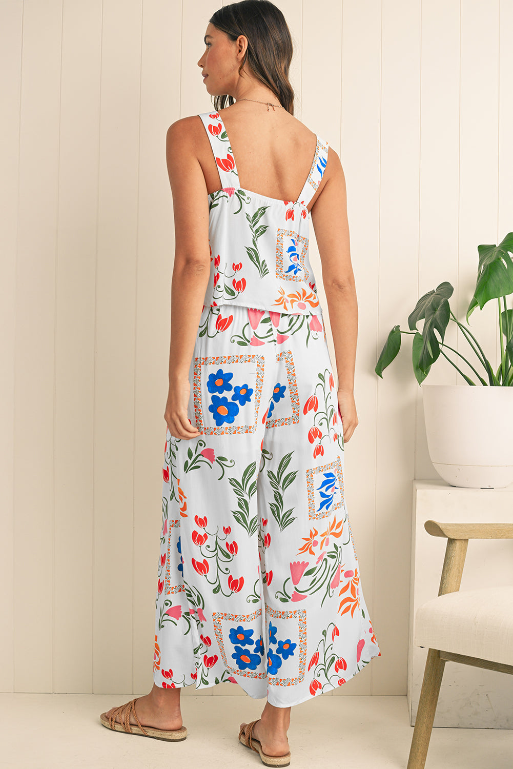 White Square Neck Tank & Wide Leg Pants Boho Floral Set Shewin