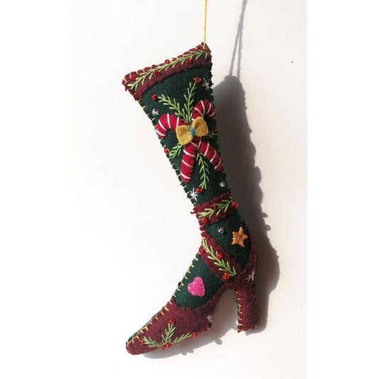 6.5" Red High Heeled Shoe w/Grn Stocking &Candy Canes