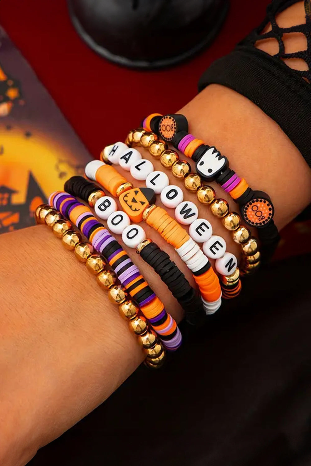 Russet Orange Playful 7pcs Halloween Beaded Bracelet Set Shewin