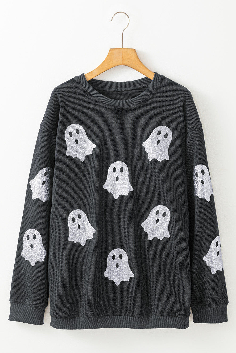 Black Halloween Ghost Corded Crew Neck Loose Sweatshirt Shewin
