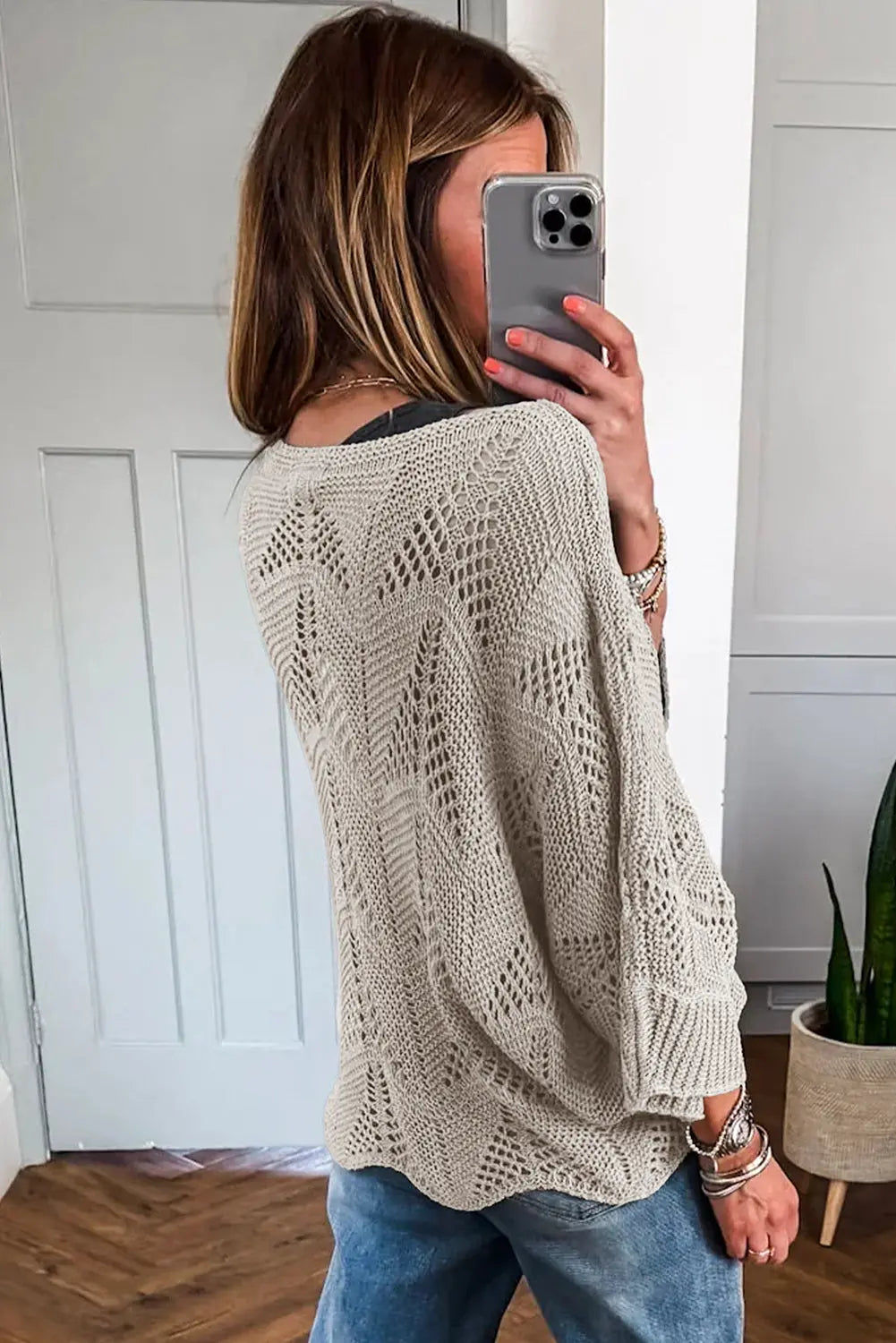 Navy Blue Hollow Out Knit 3/4 Sleeve Loose Sweater Shewin