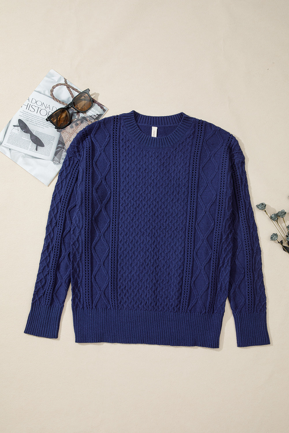 Navy Blue Mix Texture Knit Eyelet Detail Casual Sweater
