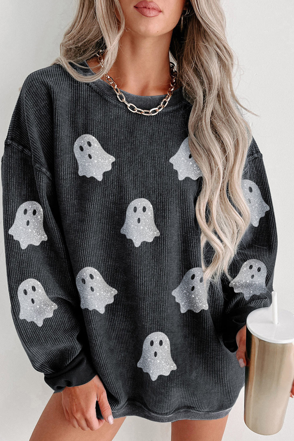 Black Halloween Ghost Corded Crew Neck Loose Sweatshirt Shewin