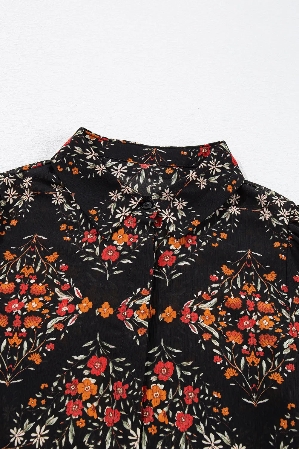 Black Floral Print Collared Button Up Puff Sleeve Shirt Shewin