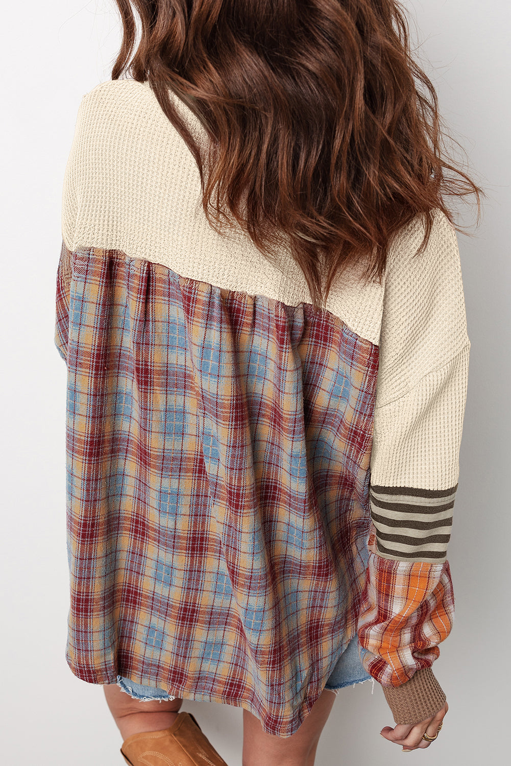 Beige Waffle Stripe Plaid Patchwork Henley Top Shewin