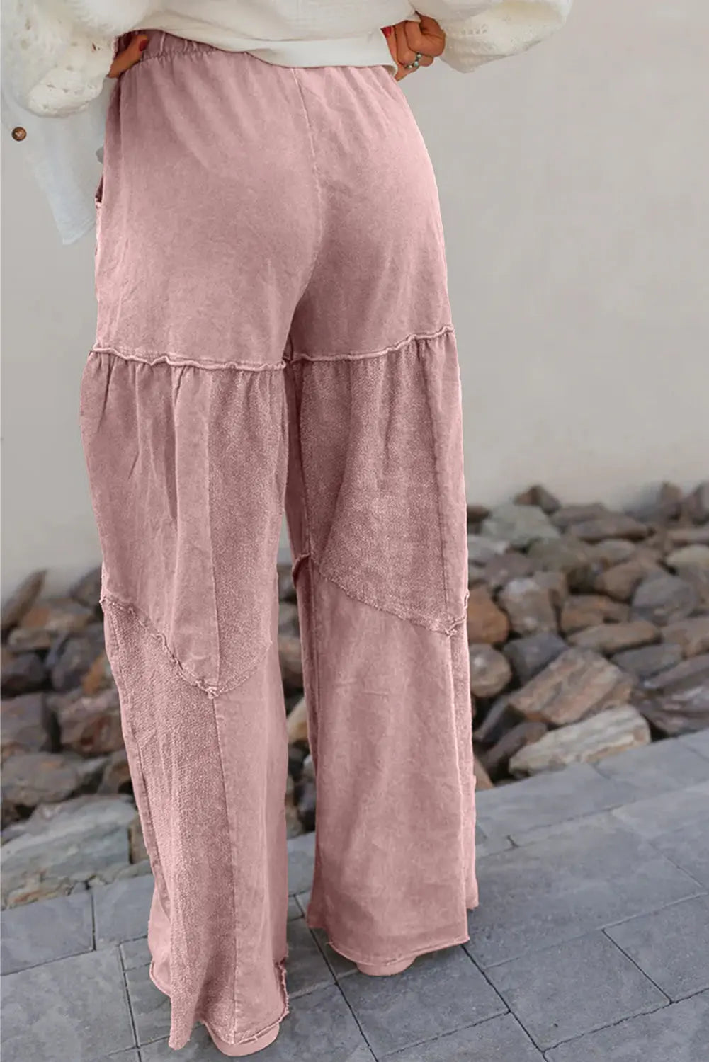 Mineral Wash Tiered Wide Leg Patchwork Drawstring Pants Shewin