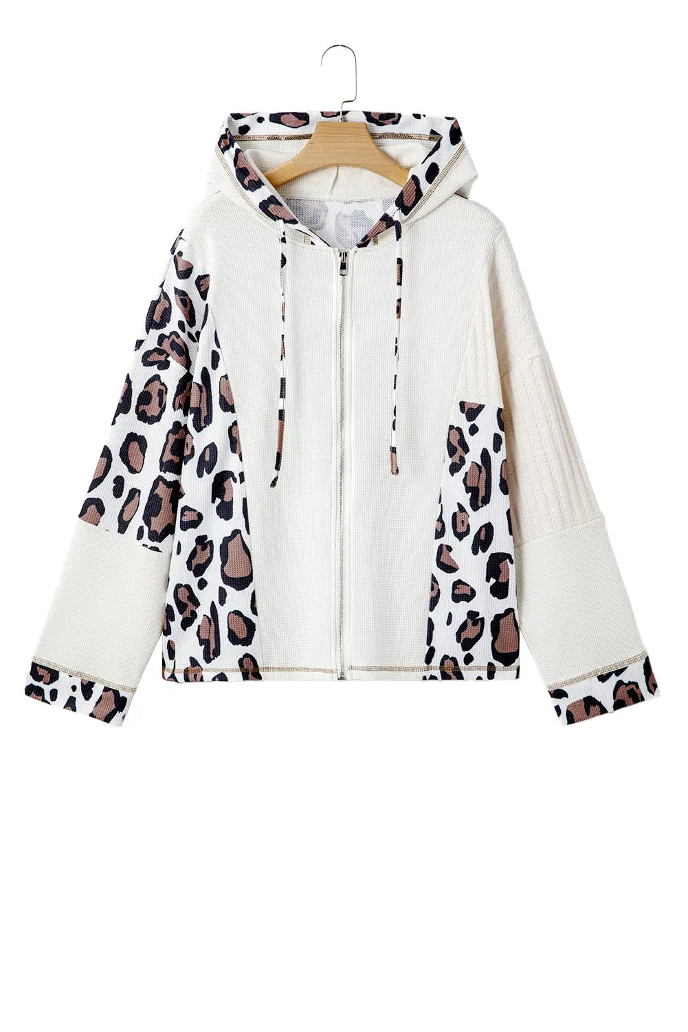 Apricot Leopard Mixed Texture Patchwork Zip Up Drop Shoulder Hoodie Shewin