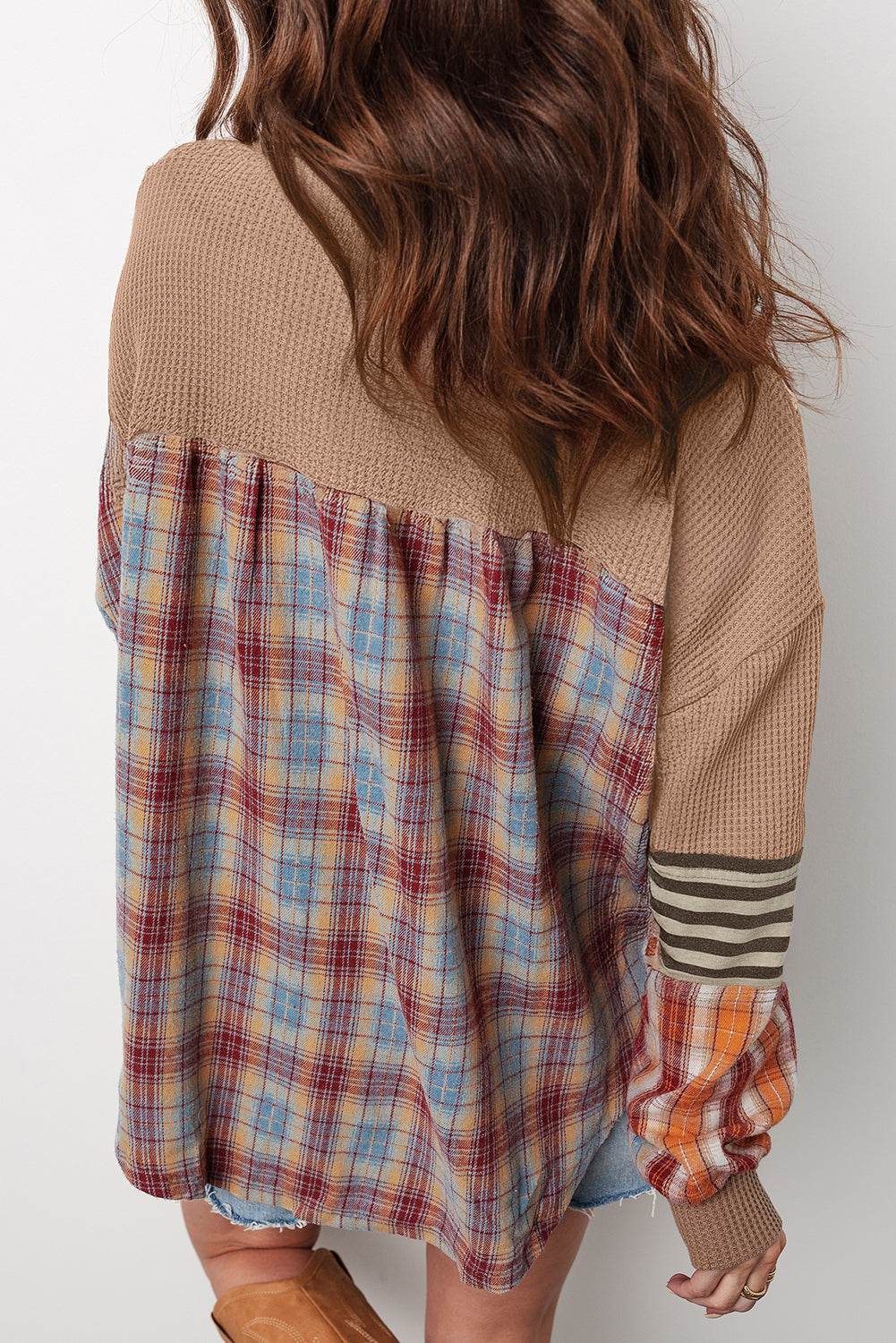 Straw Yellow Waffle Stripe Plaid Patchwork Henley Top Shewin