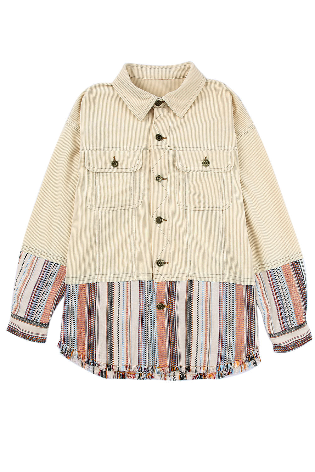 Beige Button Up Pockets Striped Color Block Corduroy Jacket Shewin