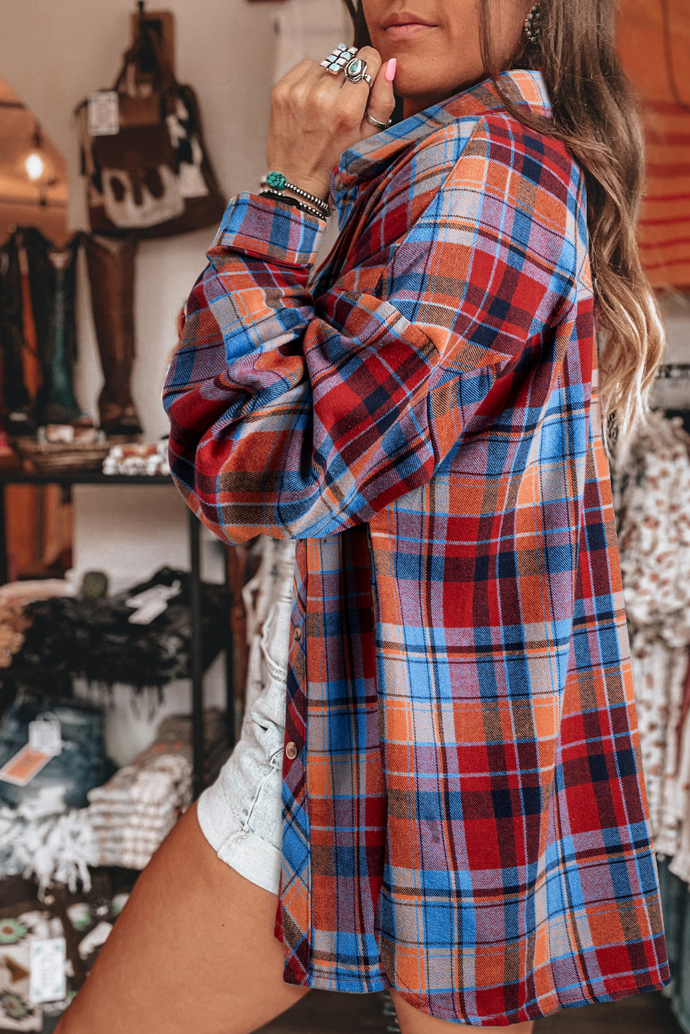 Red Plaid Print Drop Sleeve Loose Shirt Shewin