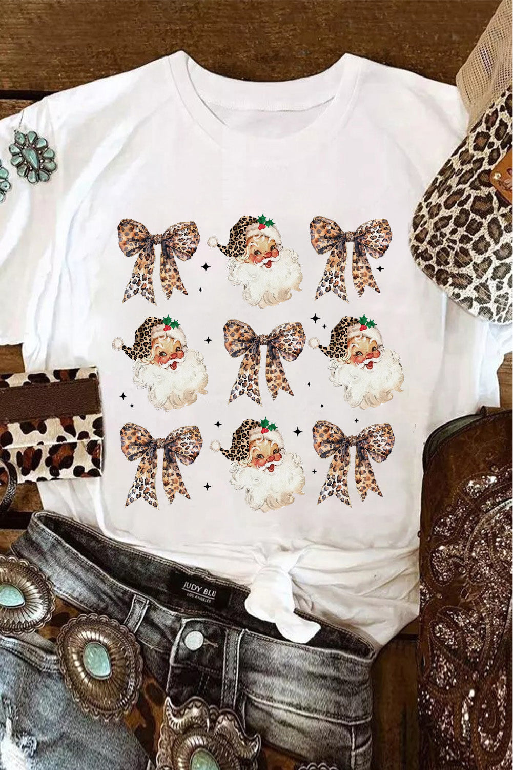 White Santa Claus Leopard Bow Heat Transfer Printing Crew Neck Graphic T Shirt