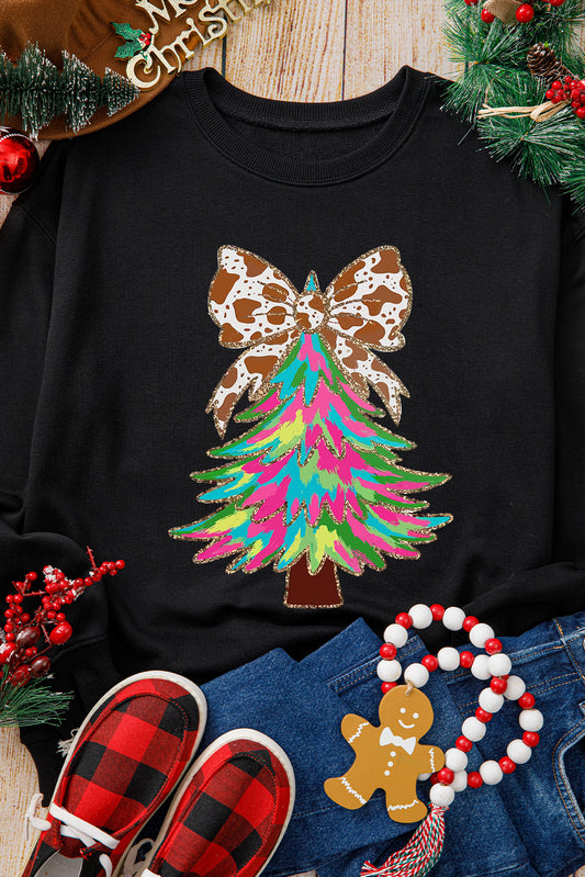 Black Shiny Bowknot Christmas Tree Graphic Heat Transfer Printing Round Neck Sweatshirt