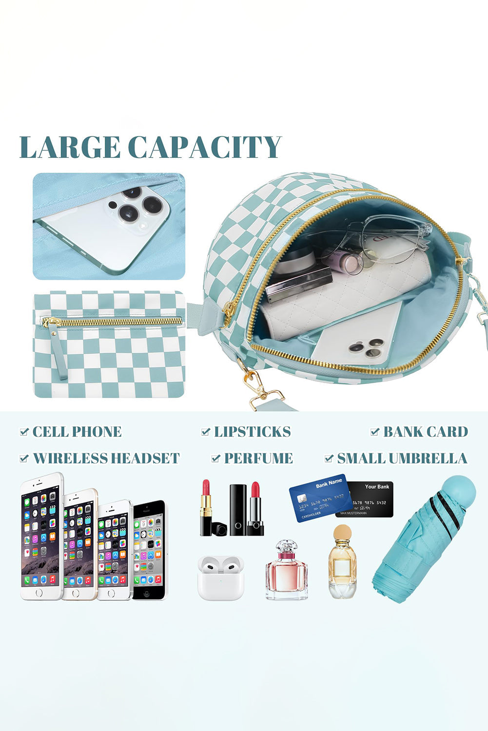 Checkered Print Wide Strap Large Crossbody Bag Shewin