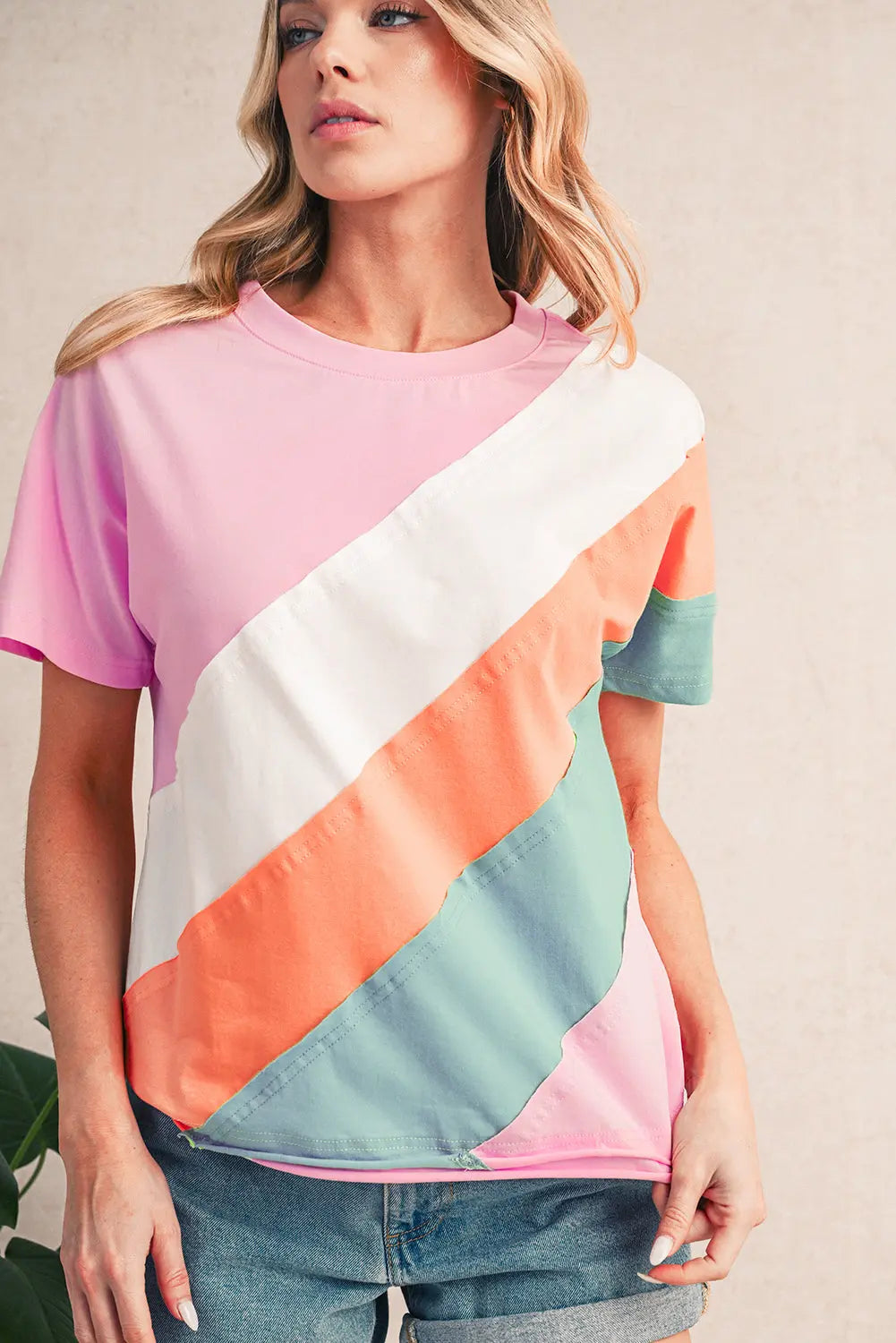 Pink Color Block Patchwork Seamed Crewneck T Shirt Shewin