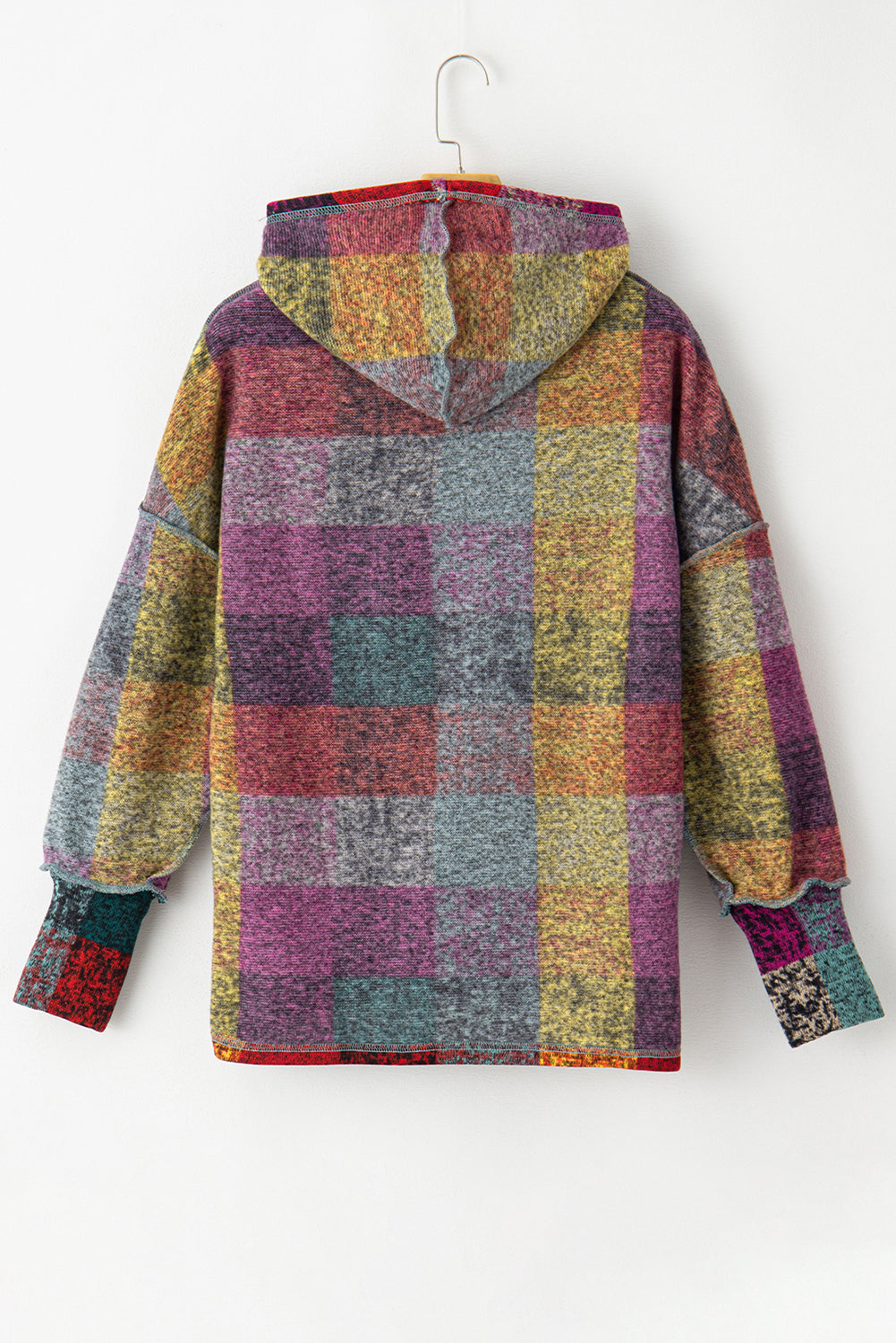 Multicolor Brushed Check Kangaroo Pocket Thumbholes Henley Hoodie Shewin