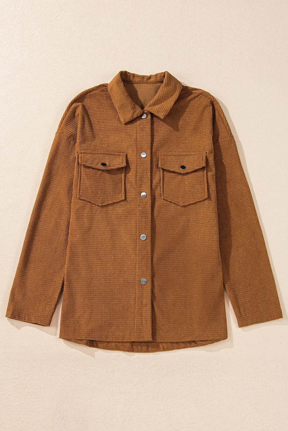 Brown Textured Flap Pocket Drop Shoulder Shacket Shewin
