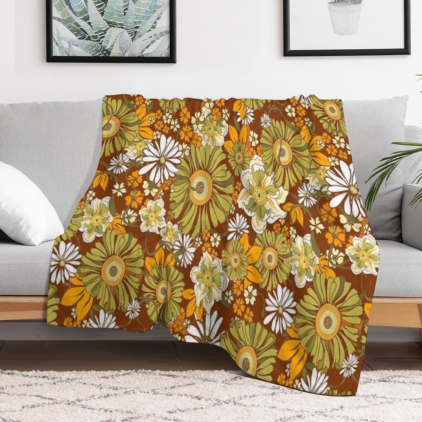 70s Retro Vintage Flower Power Pattern Boho, Orange, Brown, Throw Blanket