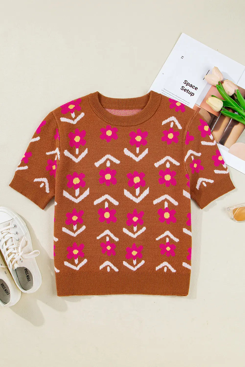 Brown Floral Pattern Short Puff Sleeve Sweater Shewin