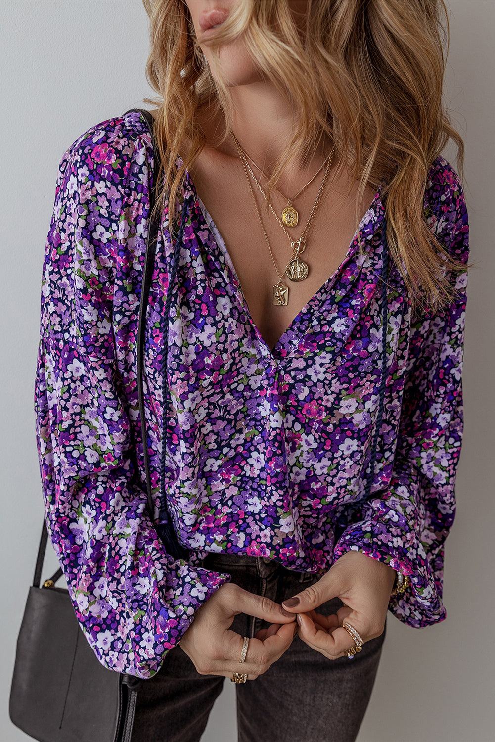 Purple Boho Floral Split V-Neck Bubble Sleeve Blouse Shewin