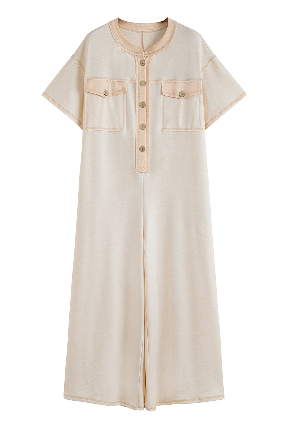 Beau Blue Patchwork Pocket Short Sleeve Jumpsuit Shewin