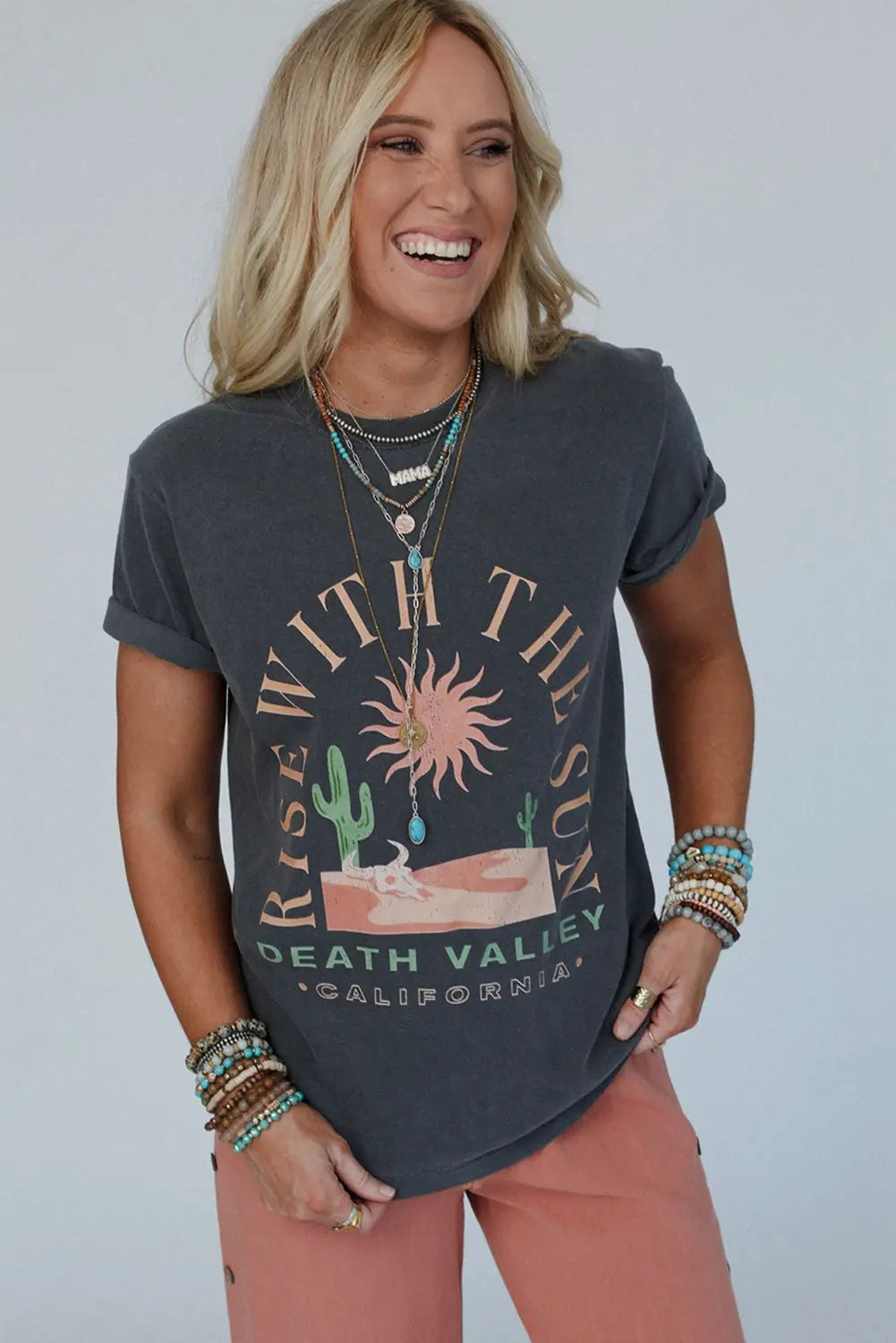 Dark Grey RISE WITH THE SUN Graphic Tee Shewin