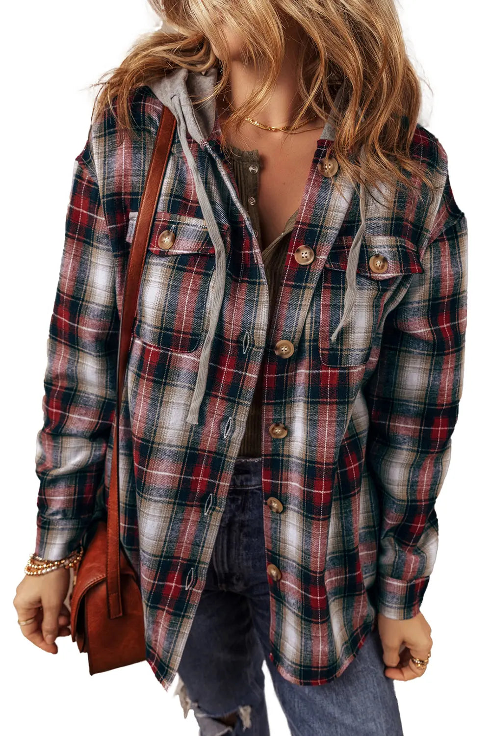 Red Plaid Print Chest Pocket Button Hooded Shacket Shewin