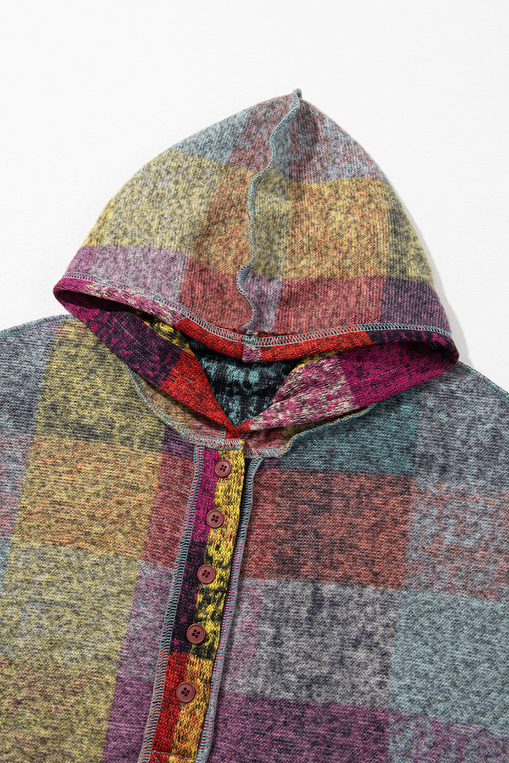 Multicolor Brushed Check Kangaroo Pocket Thumbholes Henley Hoodie Shewin