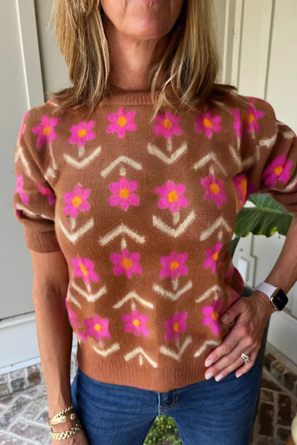 Brown Floral Pattern Short Puff Sleeve Sweater Shewin