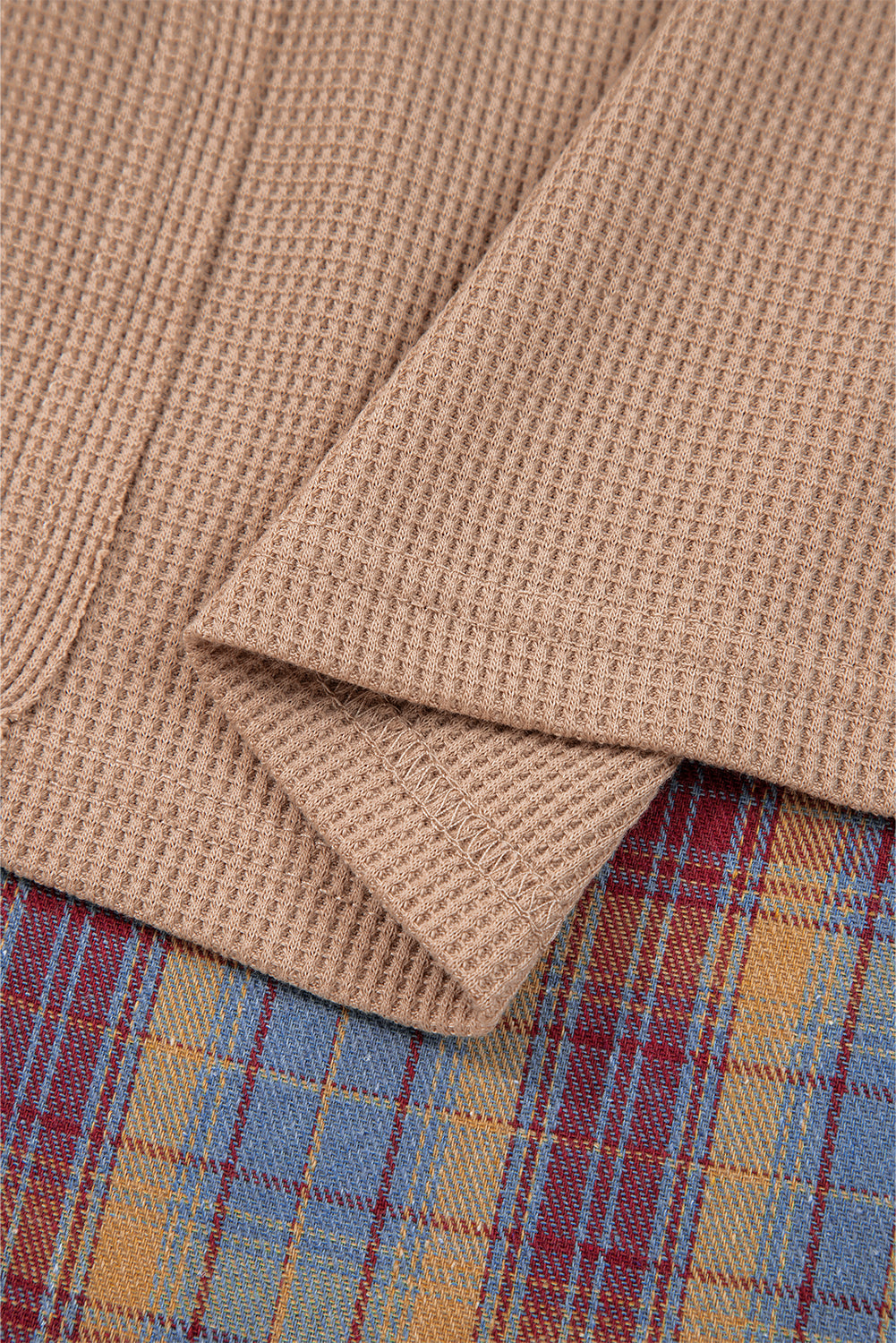 Straw Yellow Waffle Stripe Plaid Patchwork Henley Top Shewin