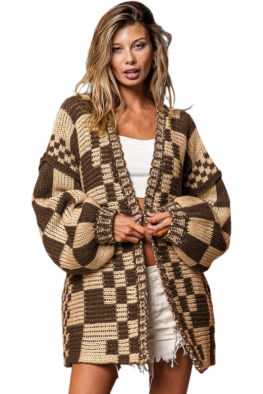 Dark Brown Colorblock Checked Loose Fit Open Front Knitted Cardigan Shewin