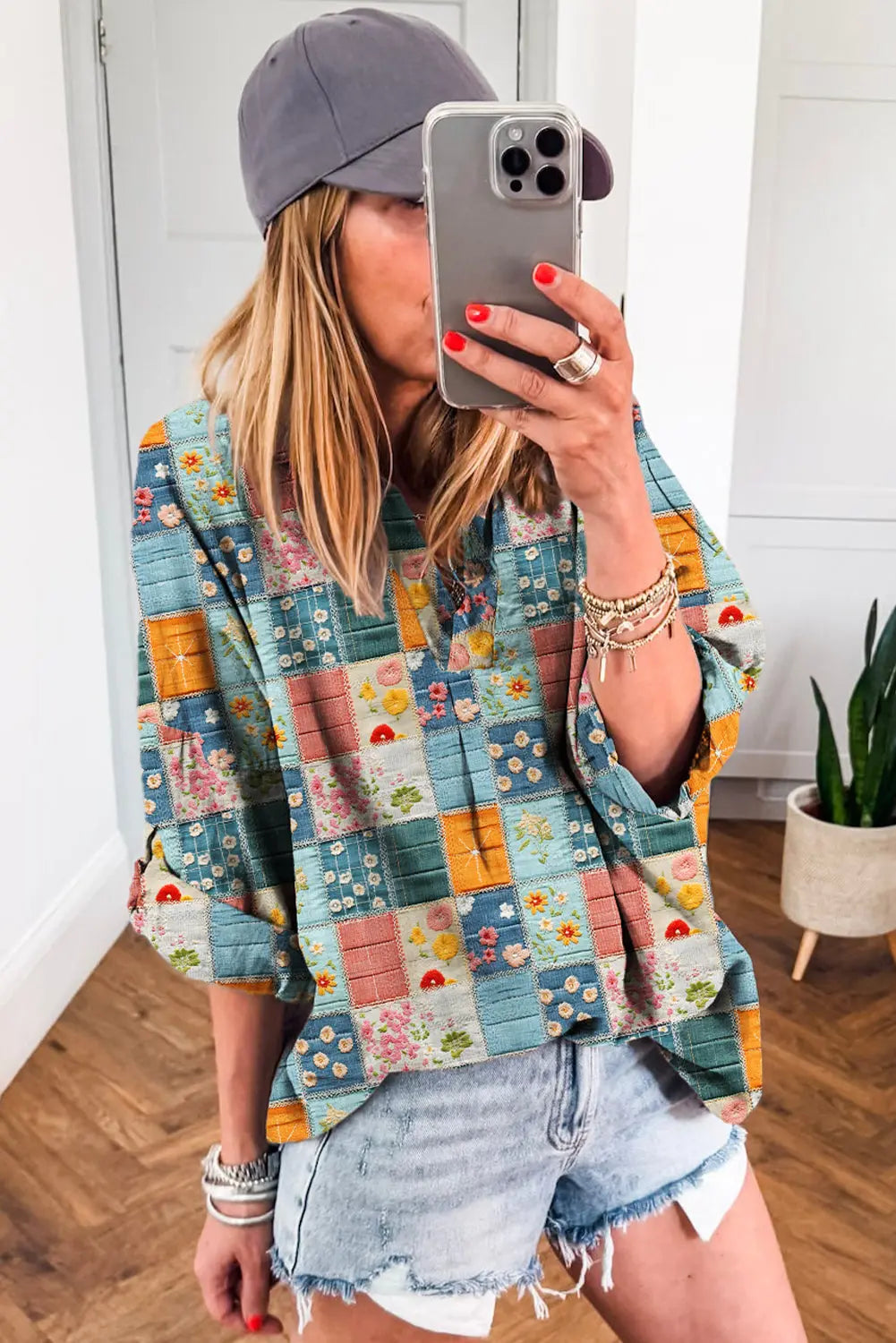 Sky Blue Floral Patchwork Collared V Neck Blouse Shewin