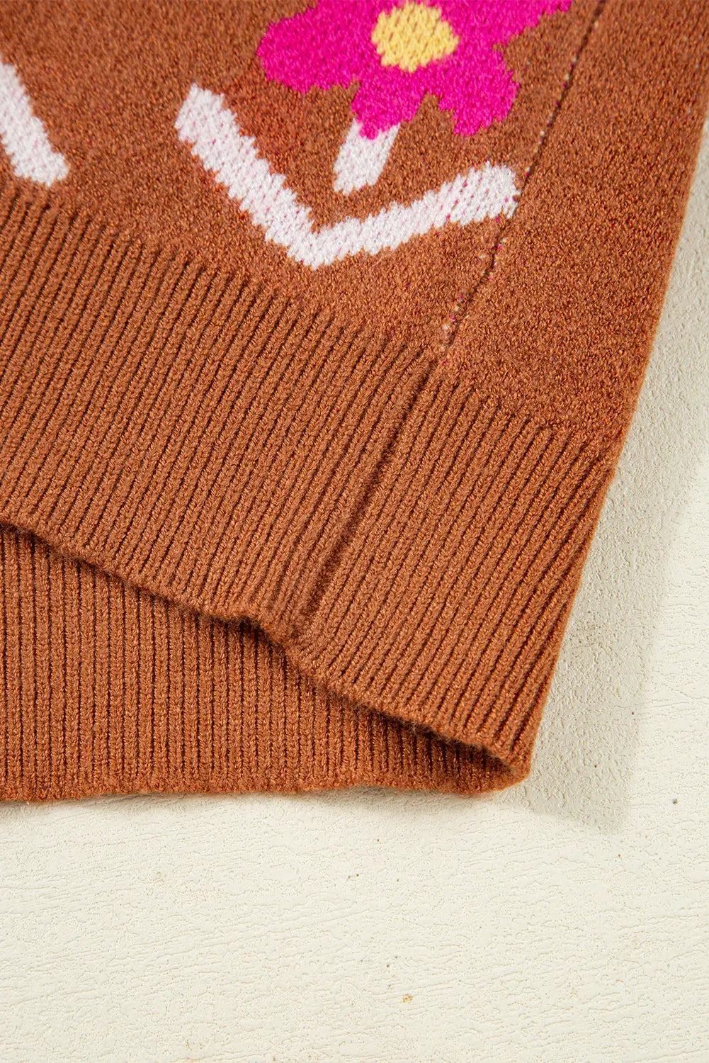 Brown Floral Pattern Short Puff Sleeve Sweater Shewin