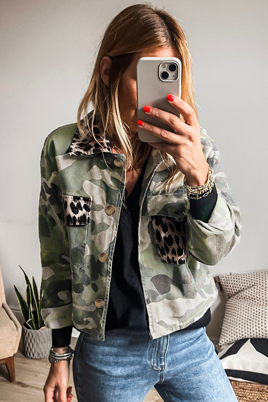 Green Camouflage Leopard Patchwork Flap Pocket Collared Jacket