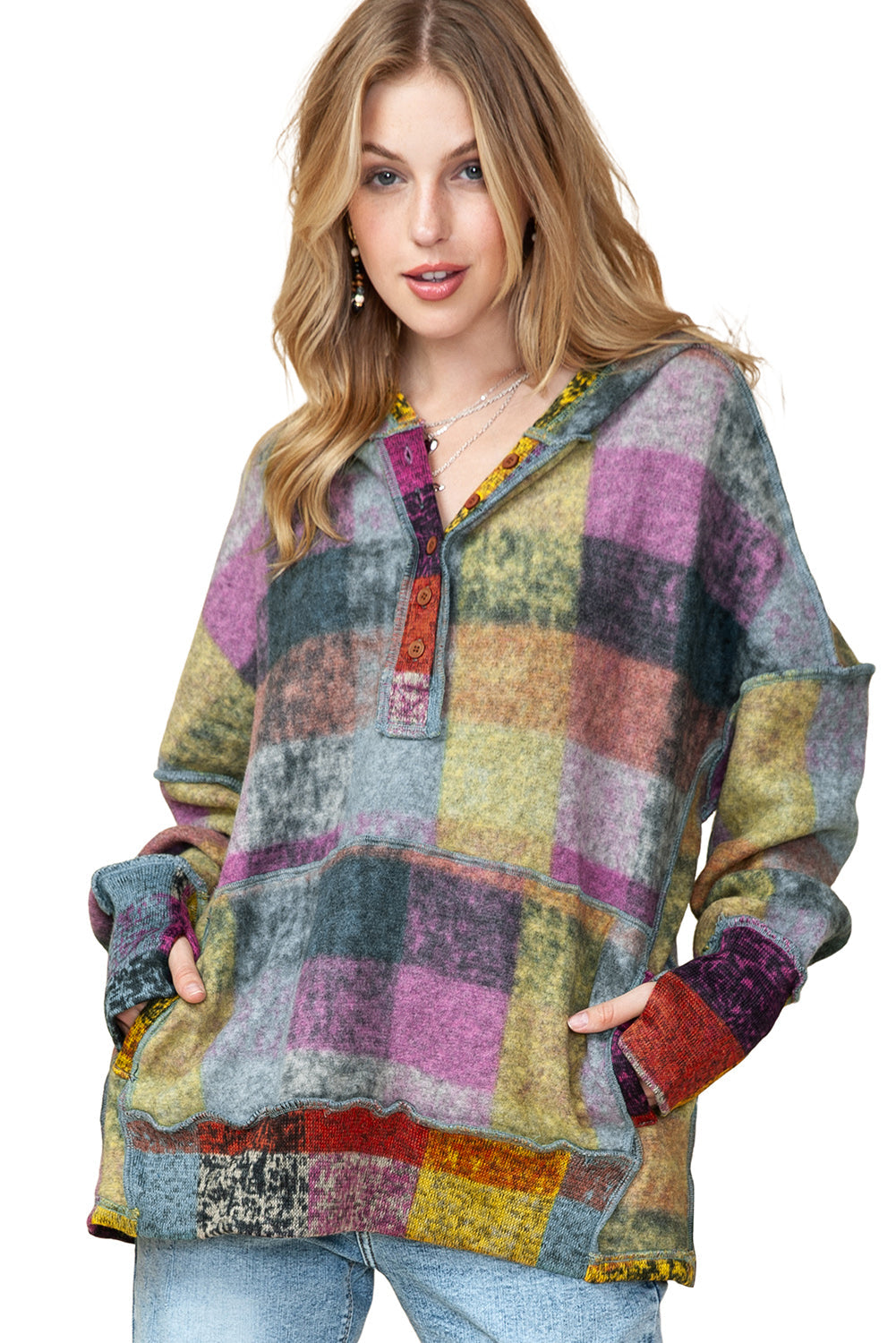 Multicolor Brushed Check Kangaroo Pocket Thumbholes Henley Hoodie Shewin