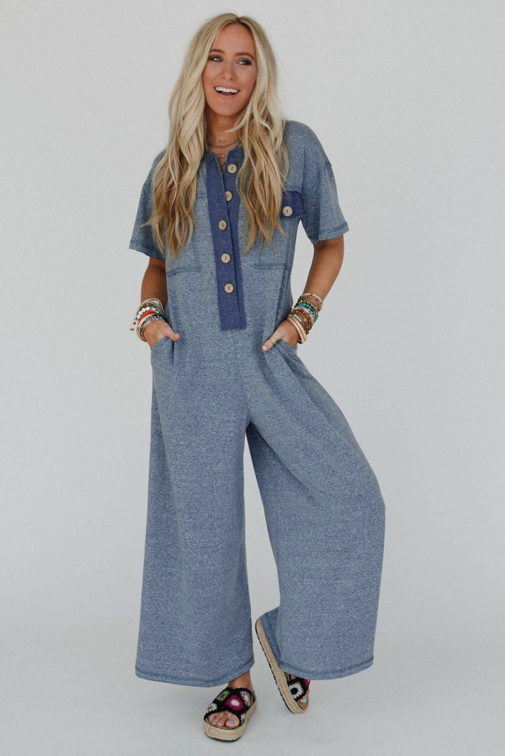 Beau Blue Patchwork Pocket Short Sleeve Jumpsuit Shewin