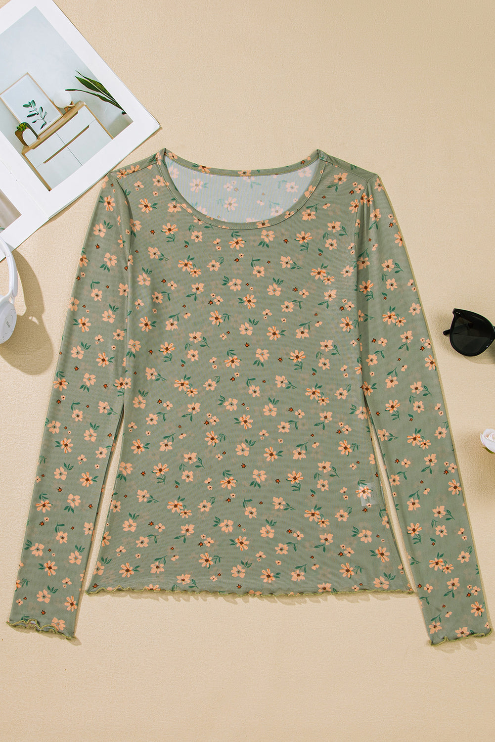 Laurel Green Vintage Floral Print Mesh Slim Fit Long Sleeve Top Shewin