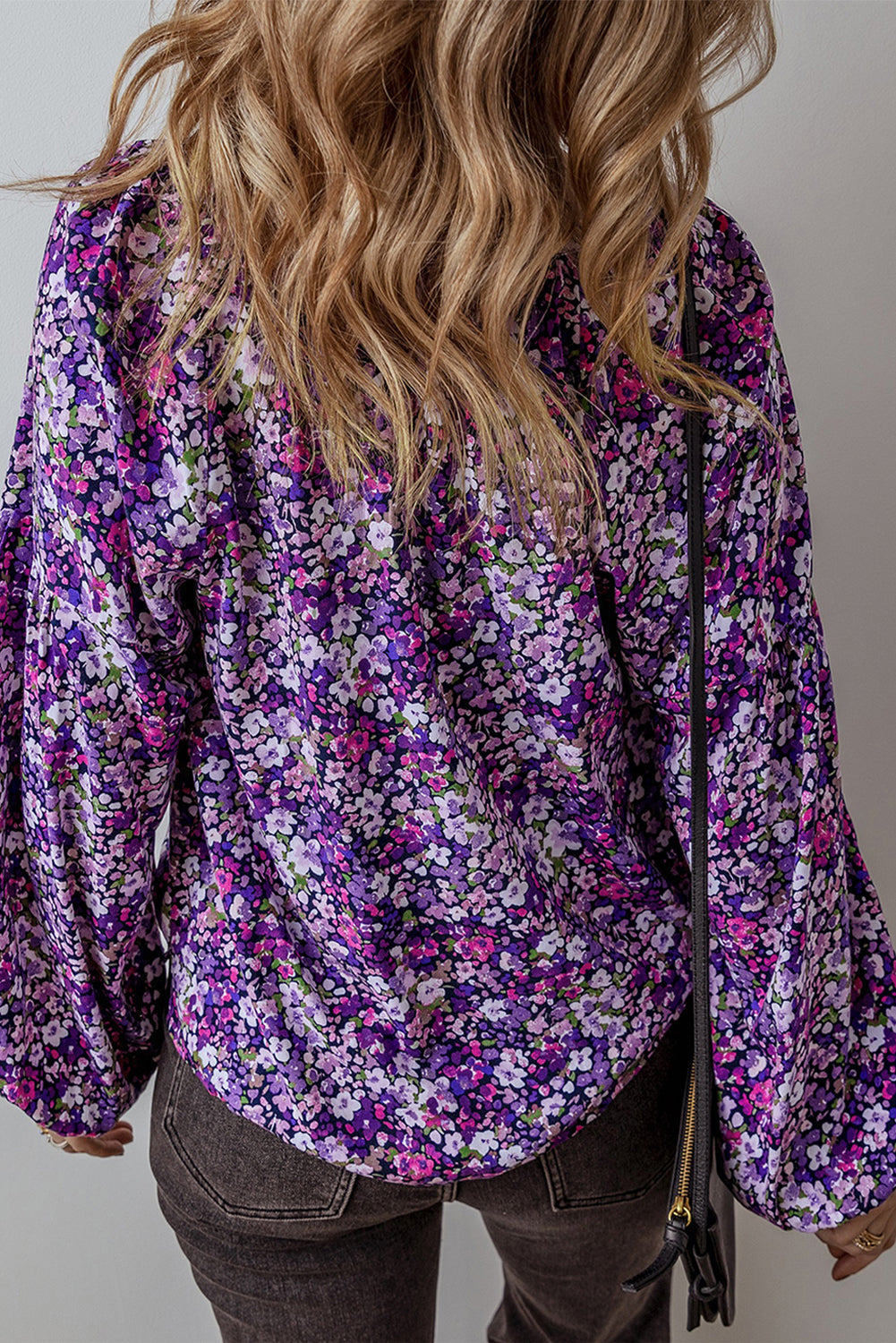 Purple Boho Floral Split V-Neck Bubble Sleeve Blouse Shewin