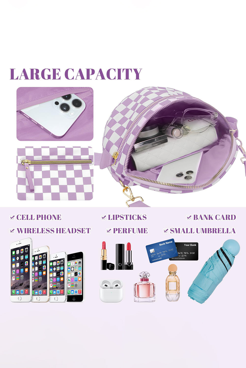 Checkered Print Wide Strap Large Crossbody Bag Shewin