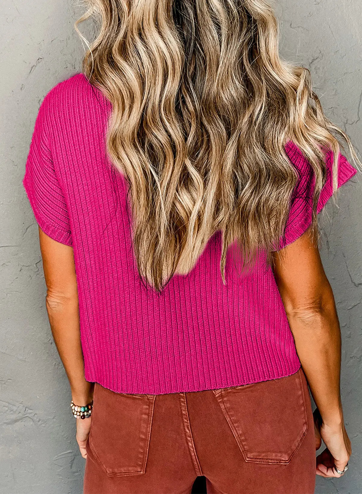 Gold Flame Patch Pocket Ribbed Knit Short Sleeve Sweater Shewin