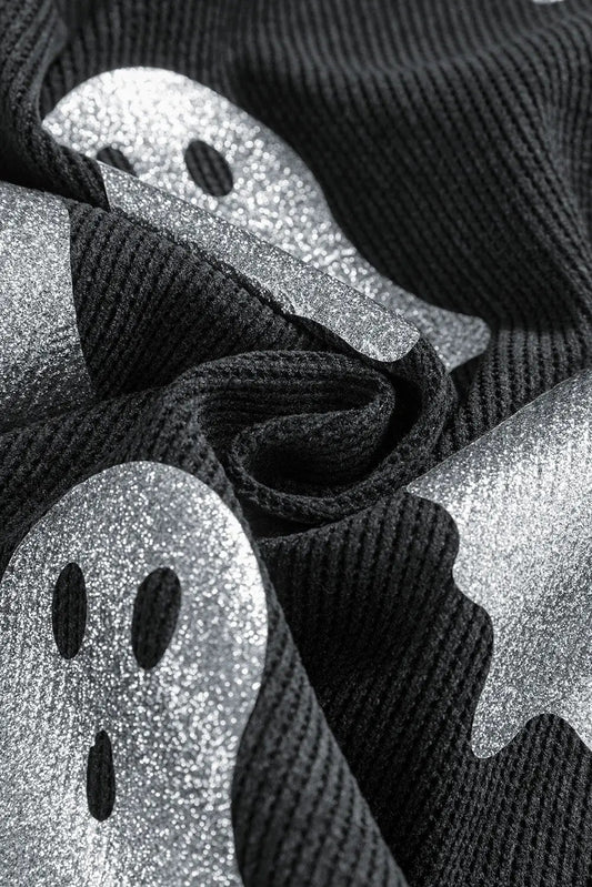 Black Halloween Ghost Corded Crew Neck Loose Sweatshirt Shewin