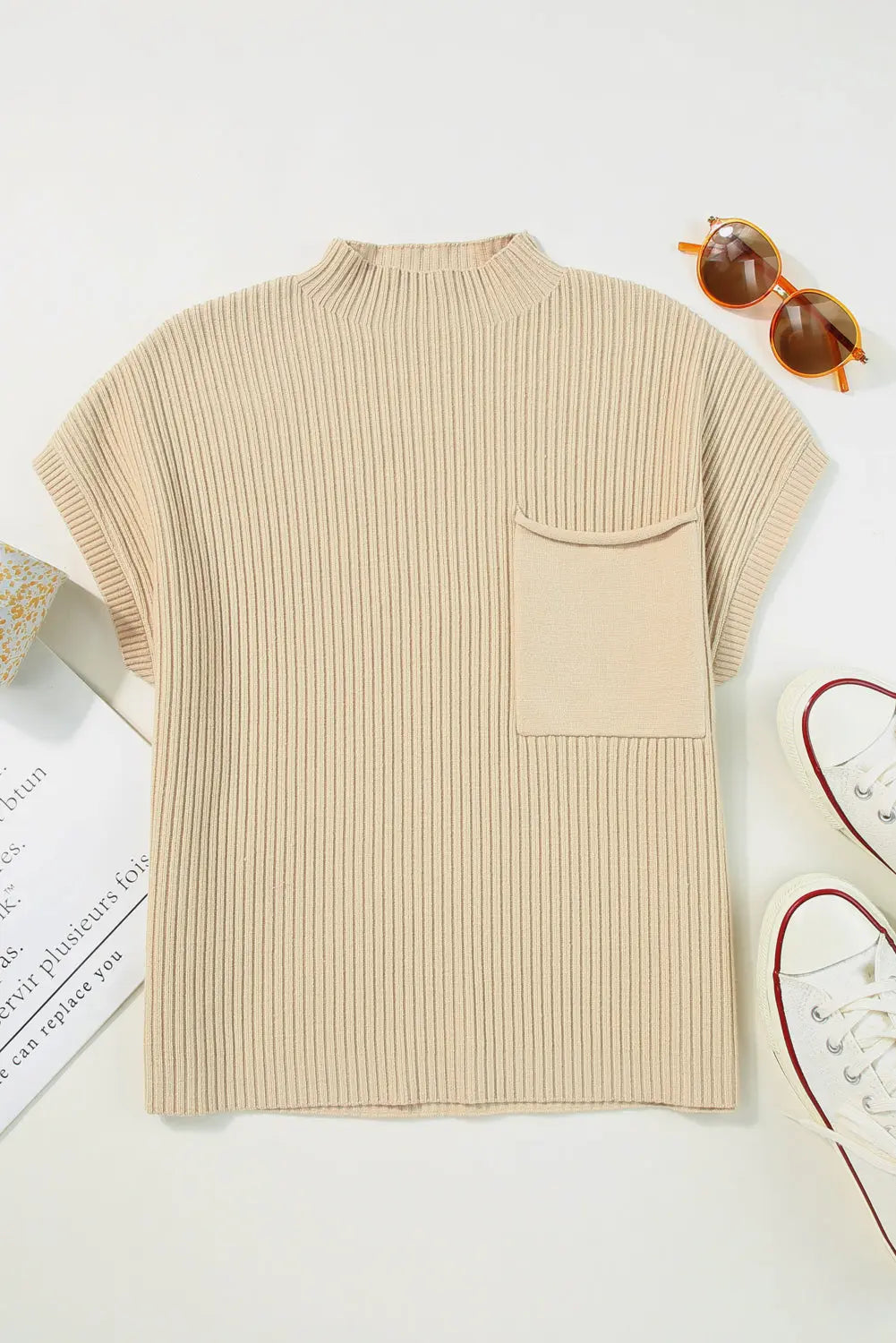 Gold Flame Patch Pocket Ribbed Knit Short Sleeve Sweater Shewin