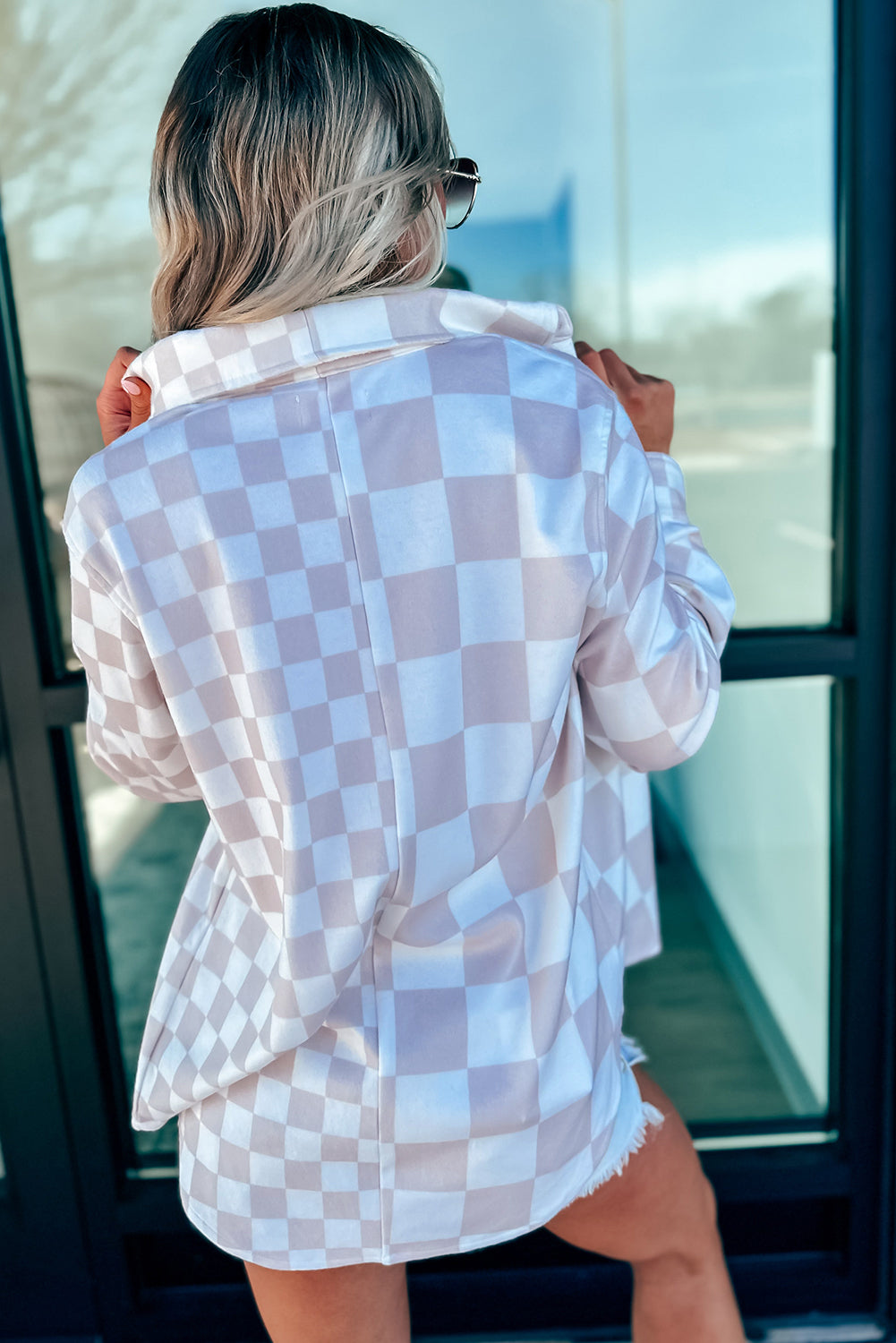 Green Checkerboard Flap Pocket Button Front Shacket
