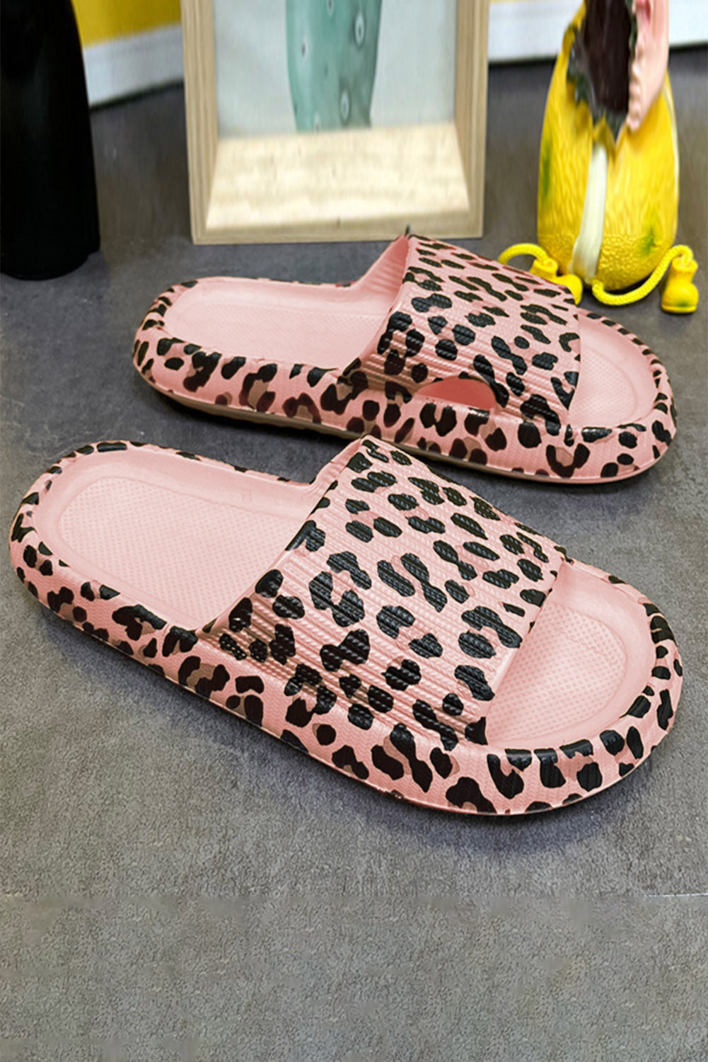 Pink Leopard Thick Sole Flat Slides Shoes Shewin